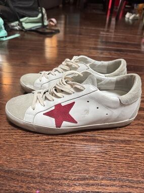 Golden Goose Cream Leather Sneakers with Red Star suede patch